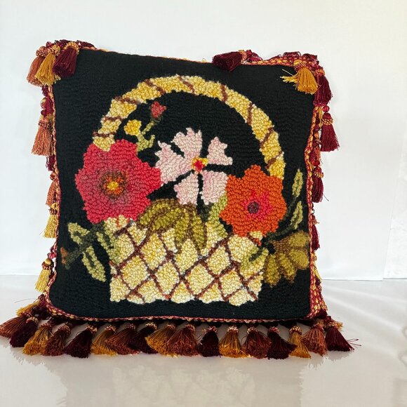 Vtg MCM Hand Hooked Wool Throw Toss Pillow Flower Basket 17x17" Cushion Tasseled - Picture 1 of 16